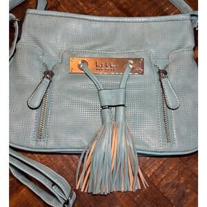 Nicole Miller Light Blue Turquoise Fringe Crossbody Handbag Y2K